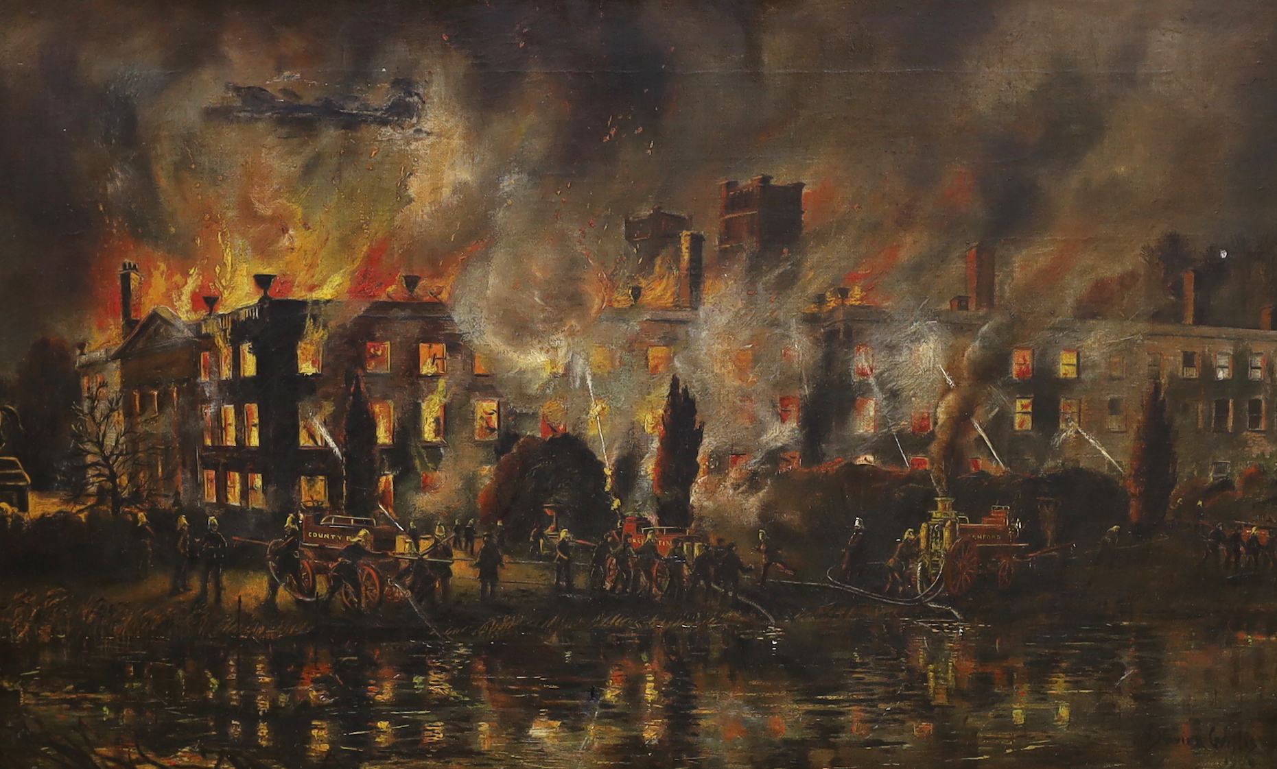 Xavier Willis (20th. C), oil on canvas, 'The Great Fire Olantigh Towers 11th Dec. 1903', signed and dated 1904, applied plaque to the frame, 39 x 64cm